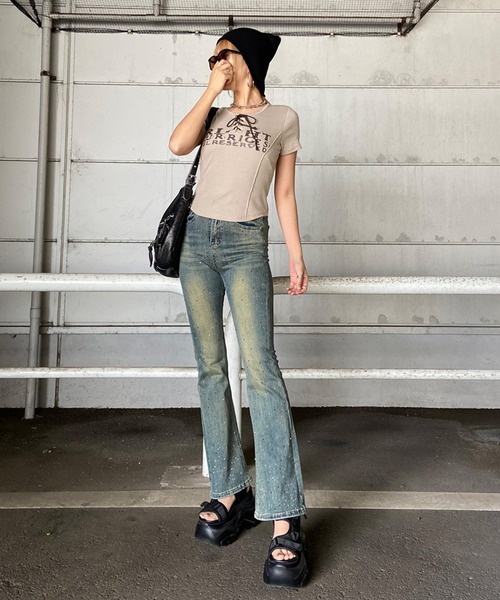 non-hedge(ノンヘッジ)の「切替ロゴレースアップショート丈Tシャツ(Tシャツ/カットソー・レディース・ベージュ/ワインレッド/ブラック/アイボリー/グレー/オフホワイト・FREE)」の10枚目の写真