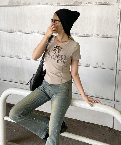 non-hedge(ノンヘッジ)の「切替ロゴレースアップショート丈Tシャツ(Tシャツ/カットソー・レディース・ベージュ/ワインレッド/ブラック/アイボリー/グレー/オフホワイト・FREE)」の11枚目の写真