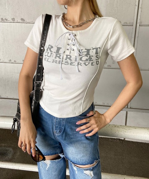 non-hedge(ノンヘッジ)の「切替ロゴレースアップショート丈Tシャツ(Tシャツ/カットソー・レディース・ベージュ/ワインレッド/ブラック/アイボリー/グレー/オフホワイト・FREE)」の7枚目の写真