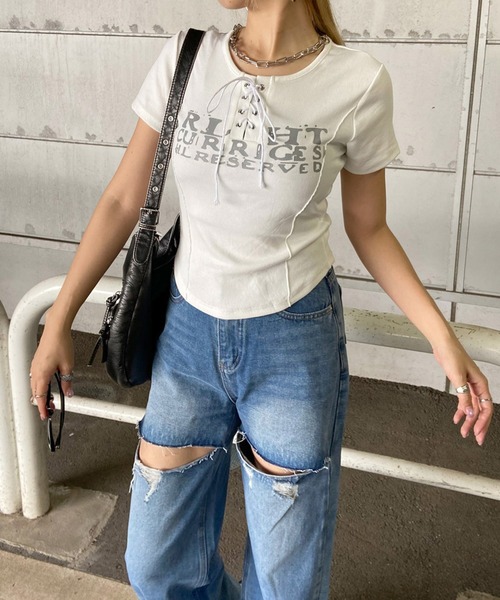 non-hedge(ノンヘッジ)の「切替ロゴレースアップショート丈Tシャツ(Tシャツ/カットソー・レディース・ベージュ/ワインレッド/ブラック/アイボリー/グレー/オフホワイト・FREE)」の8枚目の写真