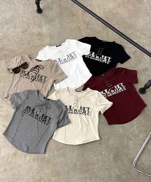 non-hedge(ノンヘッジ)の「切替ロゴレースアップショート丈Tシャツ(Tシャツ/カットソー・レディース・ベージュ/ワインレッド/ブラック/アイボリー/グレー/オフホワイト・FREE)」の12枚目の写真