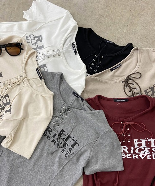 non-hedge(ノンヘッジ)の「切替ロゴレースアップショート丈Tシャツ(Tシャツ/カットソー・レディース・ベージュ/ワインレッド/ブラック/アイボリー/グレー/オフホワイト・FREE)」の13枚目の写真