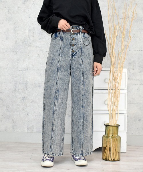FUN（ファン）の「ストレートベルトパンツ（デニムパンツ・レディース・サックスブルー/ブルー/インディゴブルー/ブルー系その他/ブラック系・XS/S/M/L/XL）」の5枚目の写真