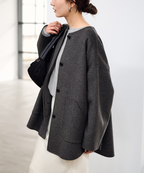 新品FRAMeWORKハミルトンリバークルーネックコートスピックアンドスパン ≪WEB限定追加≫ハミルトンリバークルーネックコート（ノーカラー