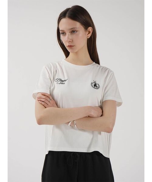 :ETHROF(イーサオブ)の「LOGO CROPPED T-SHIRT(Tシャツ/カットソー・レディース・オフホワイト/ブラック・FREE)」の2枚目の写真