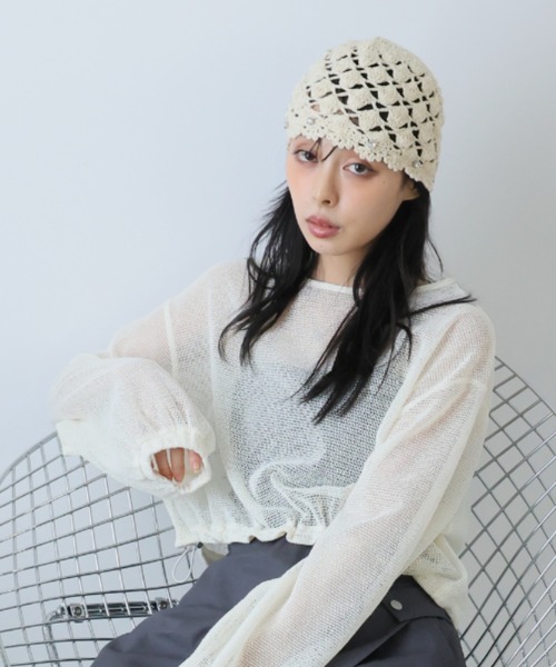 透かし編みサマーニットビーニー/ボンネット（ニットキャップ