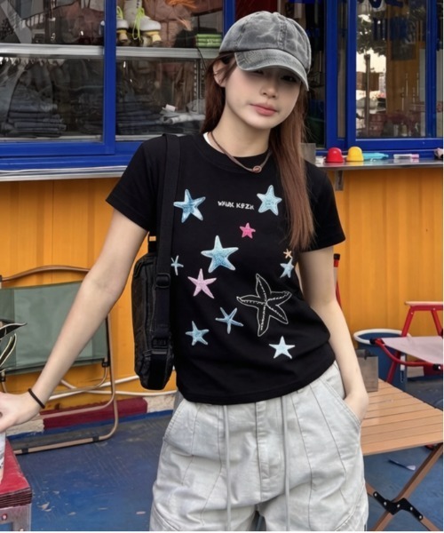 gossip!ロサンゼルス(ゴシップロサンゼルス)の「Y2K シースタープリント クルーネック T シャツ(Tシャツ/カットソー・レディース・ネイビー/ホワイト/ブラック・FREE)」の3枚目の写真