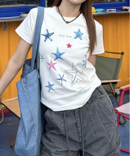 gossip!ロサンゼルス(ゴシップロサンゼルス)の「Y2K シースタープリント クルーネック T シャツ(Tシャツ/カットソー・レディース・ネイビー/ホワイト/ブラック・FREE)」の14枚目の写真