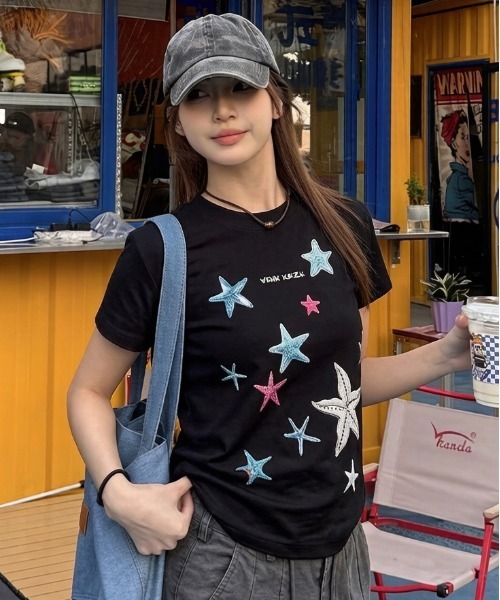 gossip!ロサンゼルス(ゴシップロサンゼルス)の「Y2K シースタープリント クルーネック T シャツ(Tシャツ/カットソー・レディース・ネイビー/ホワイト/ブラック・FREE)」の19枚目の写真