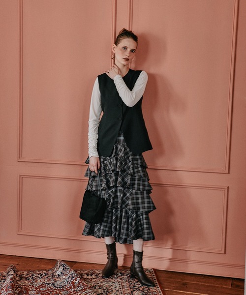 mysty woman（ミスティウーマン）の「フリルチェックティアードスカート 582498（スカート・レディース・ベージュ系その他/ブラウン系その他・FREE）」の4枚目の写真