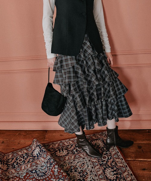 mysty woman（ミスティウーマン）の「フリルチェックティアードスカート 582498（スカート・レディース・ベージュ系その他/ブラウン系その他・FREE）」の6枚目の写真