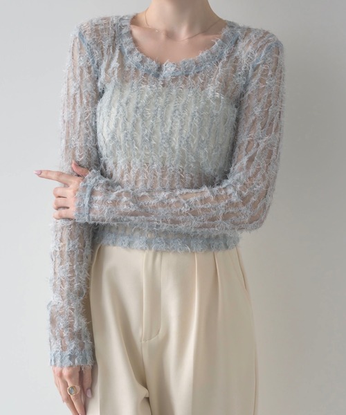 muku(ムク)の「TOPS/SHIRRING SHEER LACE(Tシャツ/カットソー・レディース・ブルー/アイボリー・FREE)」の2枚目の写真