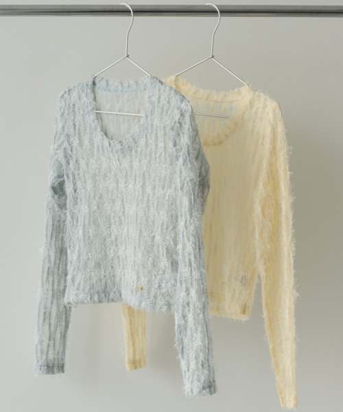 muku(ムク)の「TOPS/SHIRRING SHEER LACE(Tシャツ/カットソー・レディース・ブルー/アイボリー・FREE)」の9枚目の写真