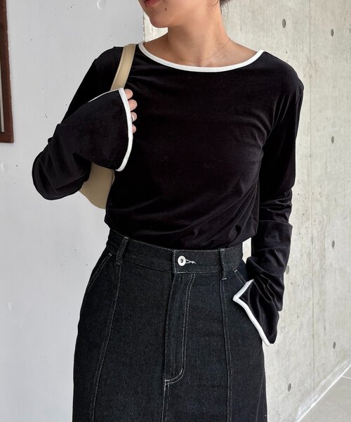 CAPRICIEUX LE'MAGE（カプリシューレマージュ）の「【前後2WAY】ベロアリンガーTシャツ（Tシャツ/カットソー・レディース・オフホワイト/ブラック/ブラウン・FREE）」の2枚目の写真