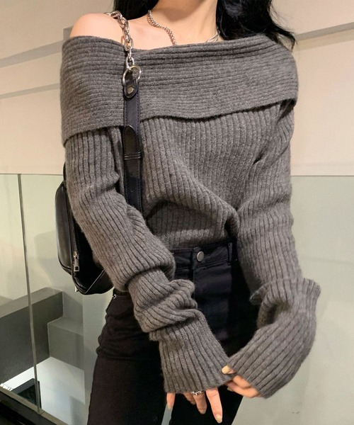 Lace Ladies（レースレディース）の「ソリッドカラー オフショルダー リブ ニット トップス（ニット/セーター・レディース・アイボリー/ブラック/グレー・FREE）」の3枚目の写真