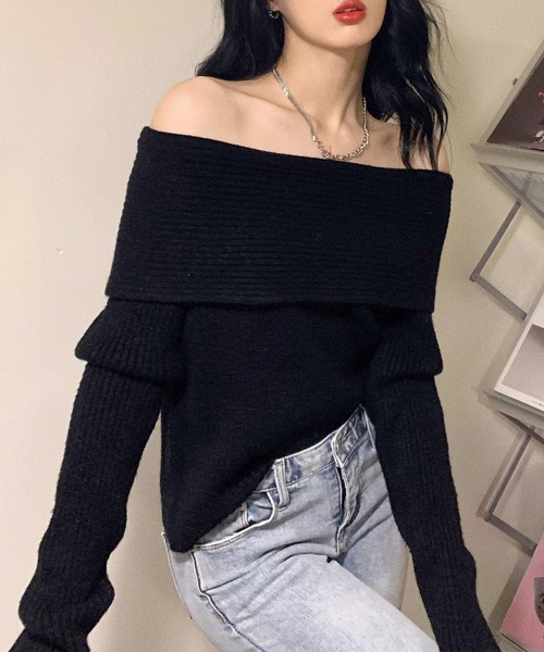 Lace Ladies（レースレディース）の「ソリッドカラー オフショルダー リブ ニット トップス（ニット/セーター・レディース・アイボリー/ブラック/グレー・FREE）」の4枚目の写真