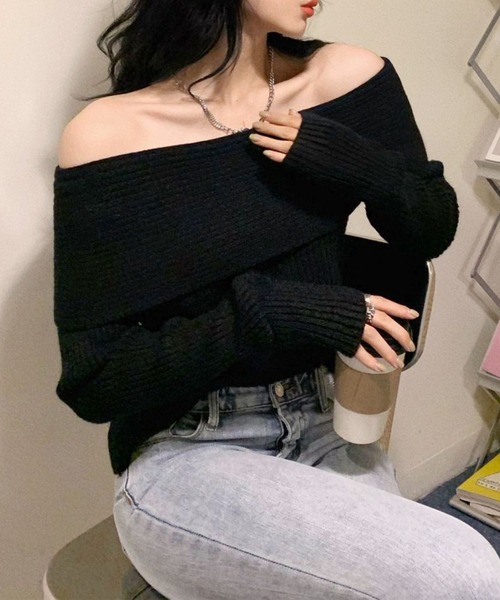 Lace Ladies（レースレディース）の「ソリッドカラー オフショルダー リブ ニット トップス（ニット/セーター・レディース・アイボリー/ブラック/グレー・FREE）」の5枚目の写真