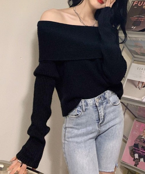 Lace Ladies（レースレディース）の「ソリッドカラー オフショルダー リブ ニット トップス（ニット/セーター・レディース・アイボリー/ブラック/グレー・FREE）」の8枚目の写真