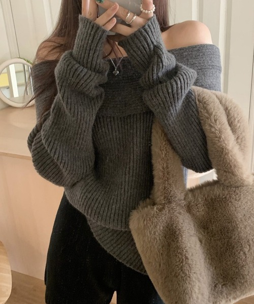 Lace Ladies（レースレディース）の「ソリッドカラー オフショルダー リブ ニット トップス（ニット/セーター・レディース・アイボリー/ブラック/グレー・FREE）」の12枚目の写真