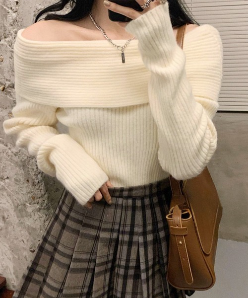 Lace Ladies（レースレディース）の「ソリッドカラー オフショルダー リブ ニット トップス（ニット/セーター・レディース・アイボリー/ブラック/グレー・FREE）」の15枚目の写真
