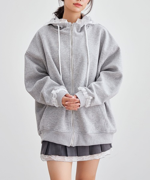 Lace Ladies(レースレディース)の「配レース ジップアップ 長袖 フーデット パーカー(パーカー・レディース・ブラック/グレー/ネイビー・FREE)」の2枚目の写真