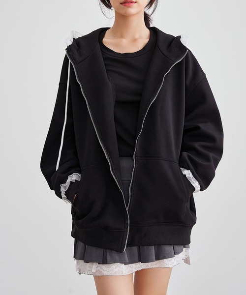 Lace Ladies(レースレディース)の「配レース ジップアップ 長袖 フーデット パーカー(パーカー・レディース・ブラック/グレー/ネイビー・FREE)」の9枚目の写真