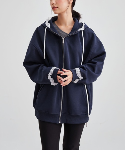 Lace Ladies(レースレディース)の「配レース ジップアップ 長袖 フーデット パーカー(パーカー・レディース・ブラック/グレー/ネイビー・FREE)」の13枚目の写真