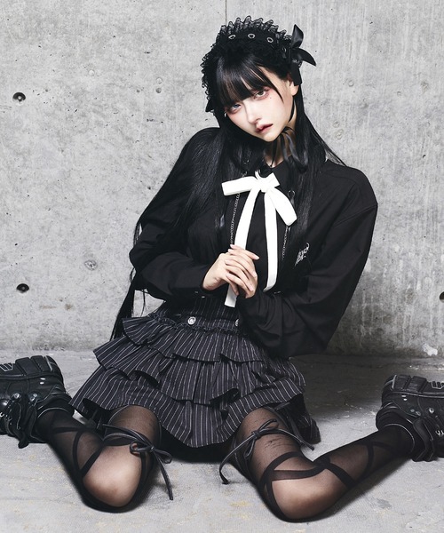 Amilige(アミリージュ)の「ハイウエストエンブレムボタン付きフリルパンツ(その他パンツ・レディース・ストライプ/ブラック・FREE)」の11枚目の写真