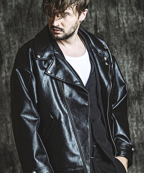 NO ID　レザーライダース セール】【NO ID.】Synthetic Leather Big Riders Jacket