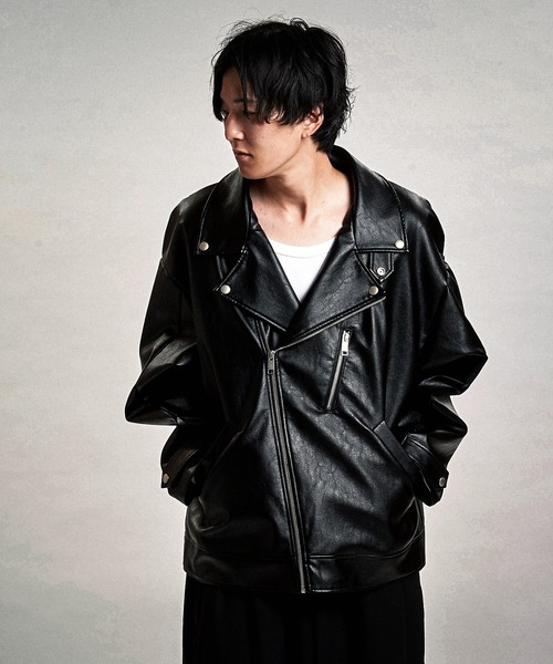 セール】【NO ID.】Synthetic Leather Big Riders Jacket