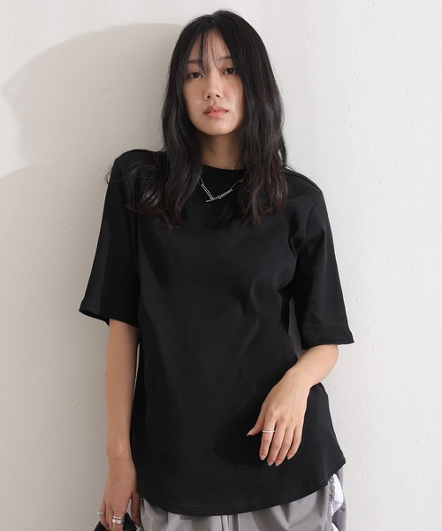 ElegChic（エレグシック）の「2×2リブ プチハイネック半袖Tシャツ（Tシャツ/カットソー・レディース・ホワイト/ブラック・M/L/XL/XXL/4L）」の2枚目の写真