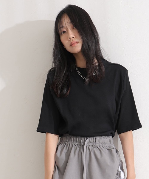 ElegChic（エレグシック）の「2×2リブ プチハイネック半袖Tシャツ（Tシャツ/カットソー・レディース・ホワイト/ブラック・M/L/XL/XXL/4L）」の6枚目の写真
