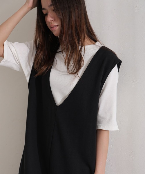 ElegChic（エレグシック）の「2×2リブ プチハイネック半袖Tシャツ（Tシャツ/カットソー・レディース・ホワイト/ブラック・M/L/XL/XXL/4L）」の8枚目の写真