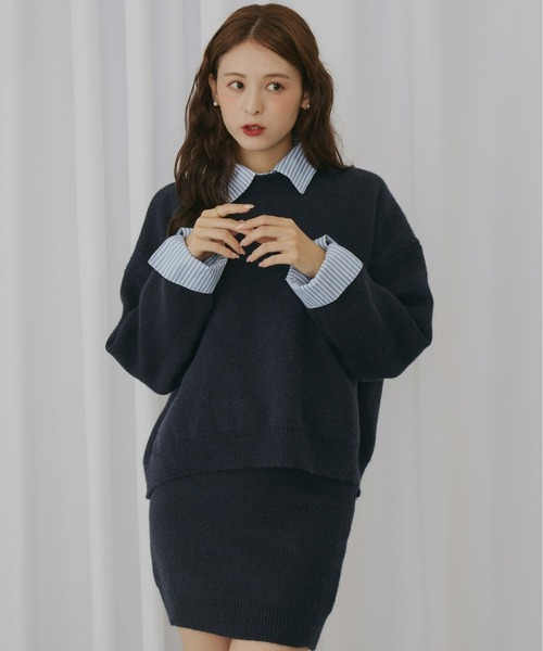 Olu.（オルドット）の「ストライプシャツドッキングニット[セットアップ可能]（ニット/セーター・レディース・ネイビー/グレー・FREE）」の9枚目の写真