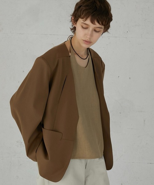 セール】【LA PEAU DE GEM】no collar hole jacket/ノーカラーホール