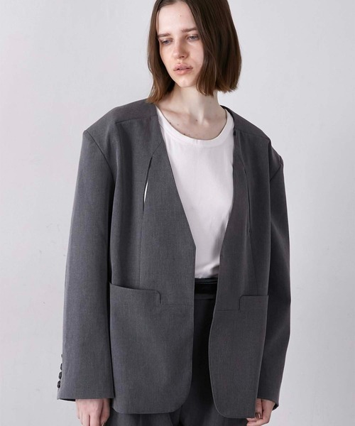 セール】【LA PEAU DE GEM】no collar hole jacket/ノーカラーホール