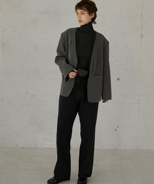 セール】【LA PEAU DE GEM】no collar hole jacket/ノーカラーホール