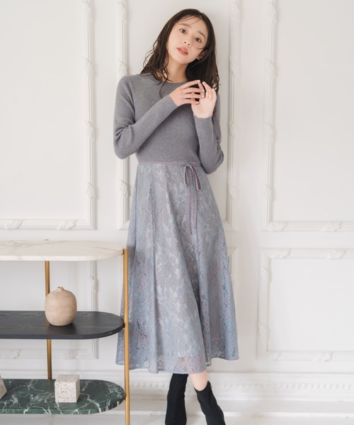 セール】2025秋冬新作 ラメレースニットドッキングワンピース