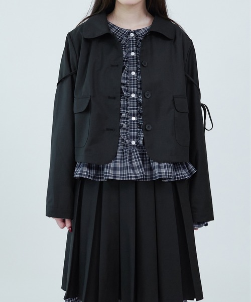 apres jour mignon(アプレジュールミニョン)の「【apresjour mignon soie】dot×ribbon cropped jacket/裏地ドットリボン付きクロップドジャケット(テーラードジャケット・レディース・ブラック/グレー・LARGE/フリー)」の3枚目の写真