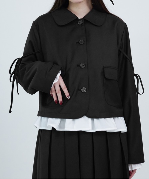 apres jour mignon(アプレジュールミニョン)の「【apresjour mignon soie】dot×ribbon cropped jacket/裏地ドットリボン付きクロップドジャケット(テーラードジャケット・レディース・ブラック/グレー・LARGE/フリー)」の11枚目の写真