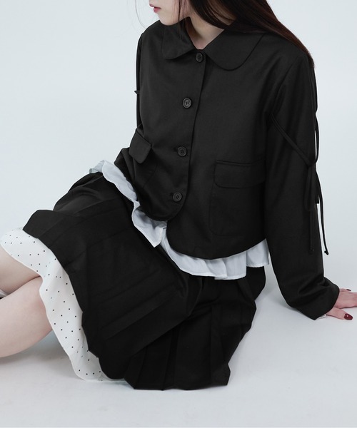 apres jour mignon(アプレジュールミニョン)の「【apresjour mignon soie】dot×ribbon cropped jacket/裏地ドットリボン付きクロップドジャケット(テーラードジャケット・レディース・ブラック/グレー・LARGE/フリー)」の10枚目の写真