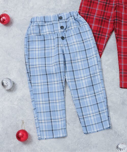 apres les cours（アプレレクール）の「【リンク】フロントボタンチェックパンツ（その他パンツ・キッズ・サックスブルー/レッド・80/90/100/110/120/130）」の2枚目の写真