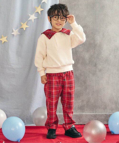 apres les cours（アプレレクール）の「【リンク】フロントボタンチェックパンツ（その他パンツ・キッズ・サックスブルー/レッド・80/90/100/110/120/130）」の3枚目の写真
