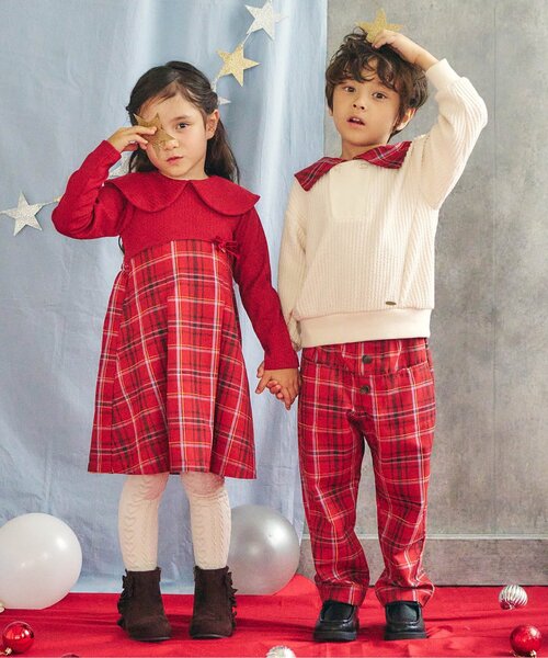 apres les cours（アプレレクール）の「【リンク】フロントボタンチェックパンツ（その他パンツ・キッズ・サックスブルー/レッド・80/90/100/110/120/130）」の6枚目の写真