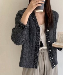 ケーブル編みラメ入りニットカーディガン