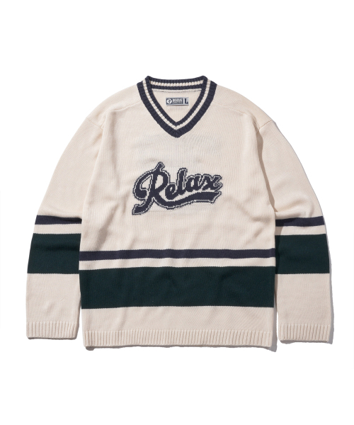 DISCUS ATHLETIC(ディスカス アスレチック)の「リラックスロゴVネックニットオプティックホワイト(ニット/セーター・レディース・その他・LARGE/MEDIUM/X-LARGE)」の1枚目の写真