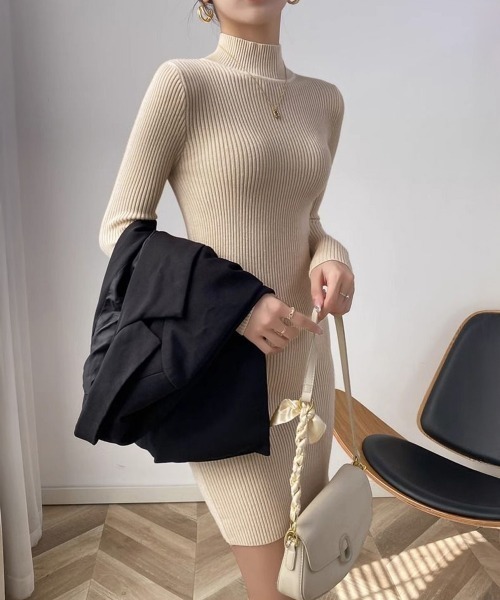 Miniministore(ミニミニストア)の「ニットワンピース 長袖 タイトワンピース(ワンピース・レディース・ワインレッド/グレー/アイボリー/ホワイト/ベージュ/ブラック・FREE)」の5枚目の写真