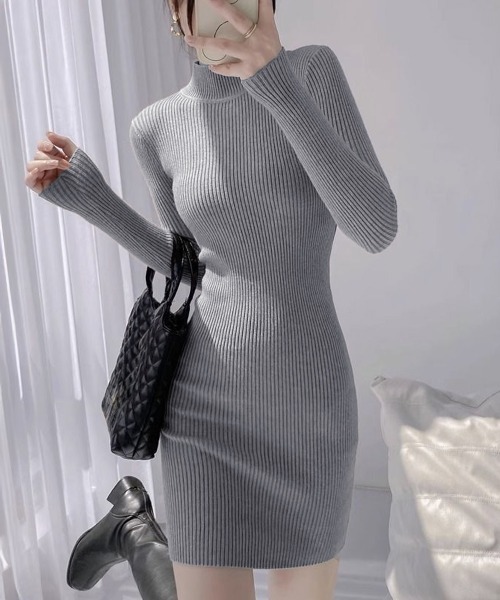 Miniministore(ミニミニストア)の「ニットワンピース 長袖 タイトワンピース(ワンピース・レディース・ワインレッド/グレー/アイボリー/ホワイト/ベージュ/ブラック・FREE)」の4枚目の写真