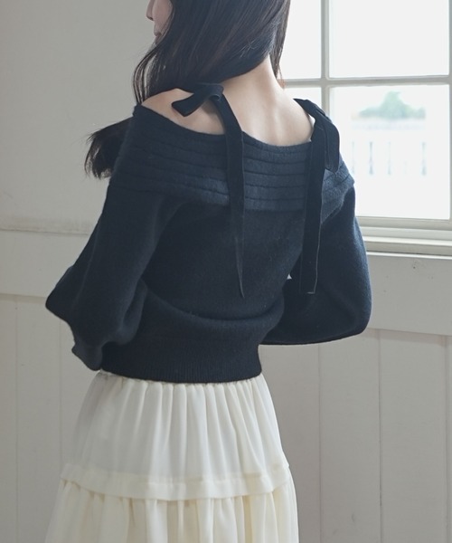 archives（アルシーヴ）の「ベロアリボンリブオフショルニットプルオーバー（ニット/セーター・レディース・グレー/ワイン/アイボリー/ブラック・MEDIUM）」の7枚目の写真