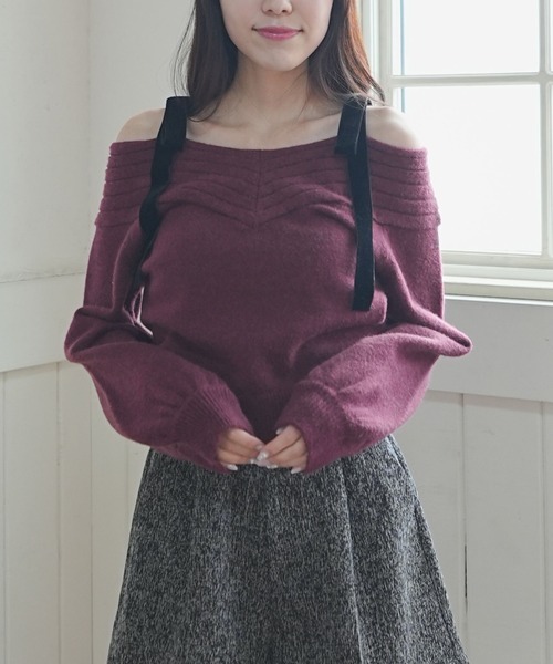 archives（アルシーヴ）の「ベロアリボンリブオフショルニットプルオーバー（ニット/セーター・レディース・グレー/ワイン/アイボリー/ブラック・MEDIUM）」の12枚目の写真